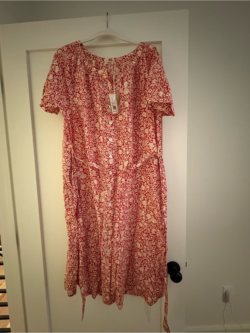 Faherty Red Floral Midi Dress with Button Front